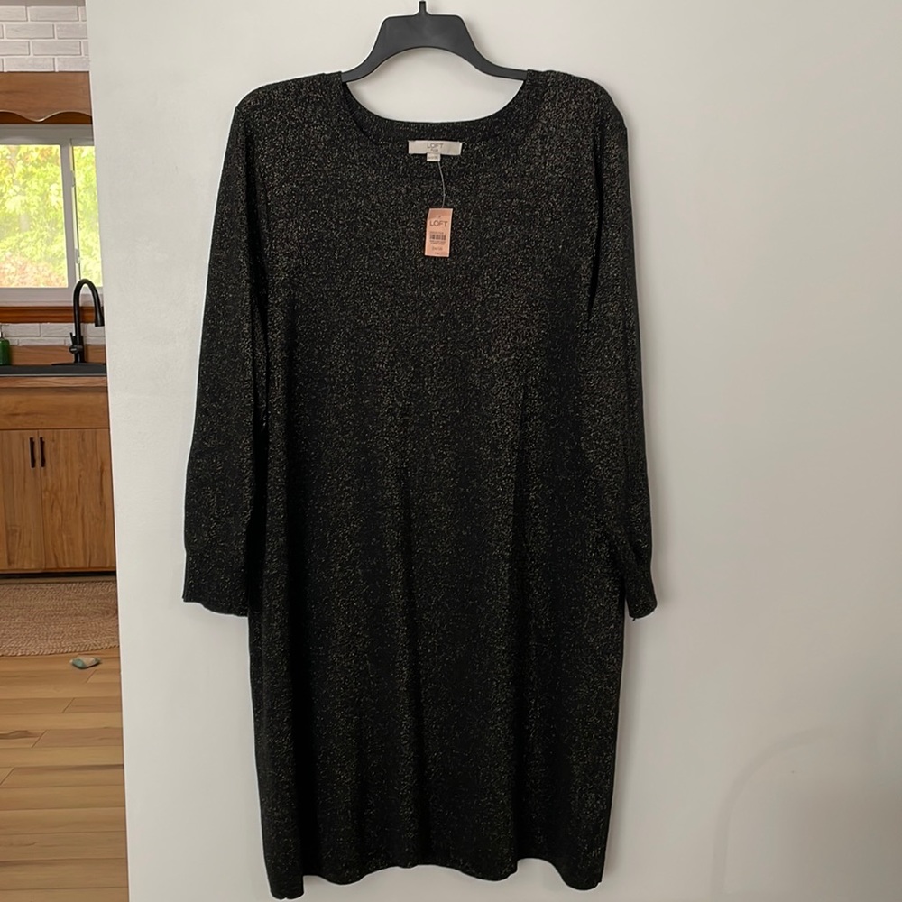 NWT LOFT Holiday Black w/Gold Thread Sweater Dress - Wool Blend sz 24-26